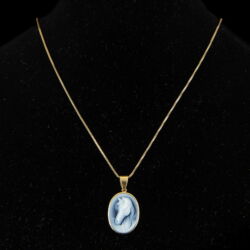 Picture 1/2 -Blue agate cameo with a horse's head hanging on a gold chain