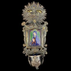 Picture 1/3 -Gilded silver holy water container with enamel image of the Virgin Mary