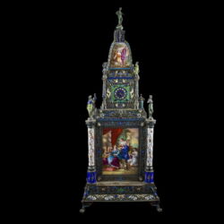 Picture 6/7 -Viennese silver tower clock with painted enamel decoratiive pictures