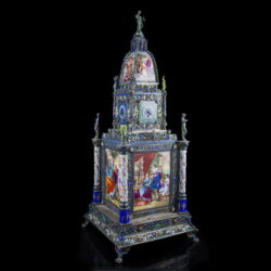 Picture 1/7 -Viennese silver tower clock with painted enamel decoratiive pictures