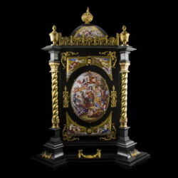 Picture 5/10 -Table clock with enamel pictures painted on a solid wood base