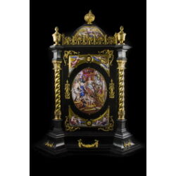 Picture 7/10 -Table clock with enamel pictures painted on a solid wood base