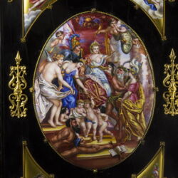 Picture 8/10 -Table clock with enamel pictures painted on a solid wood base