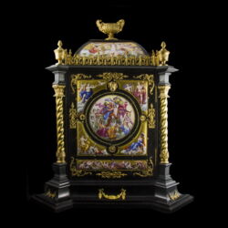 Picture 3/10 -Table clock with enamel pictures painted on a solid wood base