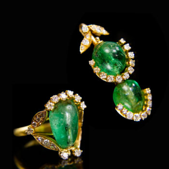 Arany gyűrű és medál cabochon smaragd és gyémánt kövekkel