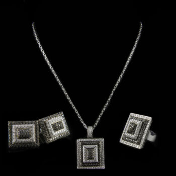 Fehérarany ékszergarnitúra briliáns csiszolású- és fekete gyémántokkal