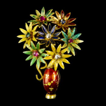 Francia virágcsokor alakú bross drágakövekkel és zománc díszítéssel