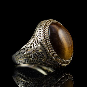 Filigree silver ring with tiger's eye stone