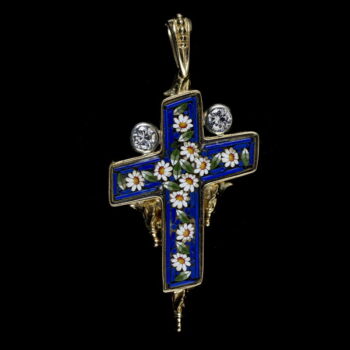 Micromosaic gold cross pendant with diamonds