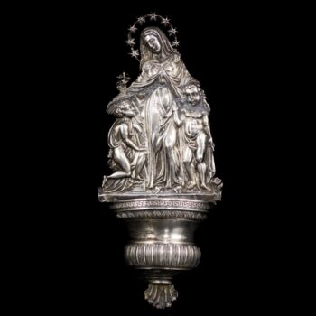 Olasz antik ezüst szenteltvíztartó Szűzanya, Jézus és Keresztelő Szt. János alakjaival