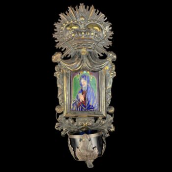 Gilded silver holy water container with enamel image of the Virgin Mary