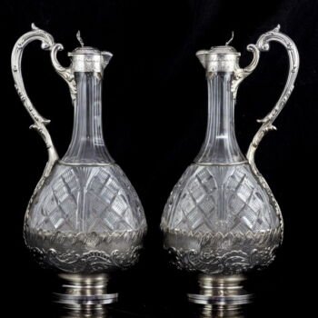 Francia ezüst karaffa pár csiszolt kristályüveg betéttel