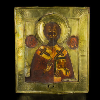 Szent Miklós ikon sárgaréz okláddal