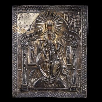 Icon of the Mother of God seated on a throne with silver plating
