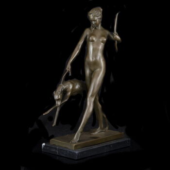 E.Mc Cartan jelzéssel kortárs bronz szobor: Fiatal hölgy akjta agárral