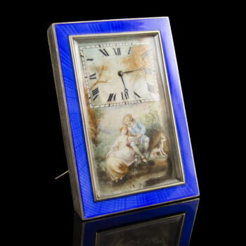 Silver case table clock with blue luster enamel decoration