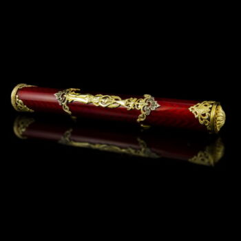 Orosz aranyozott ezüst szivartartó szelence vörös lüszterzománc díszítéssel