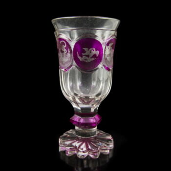Stemmed glass with peeled purple medallions