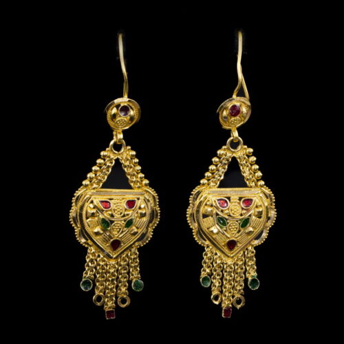 A pair of 22 K gold earrings with enamel decoration