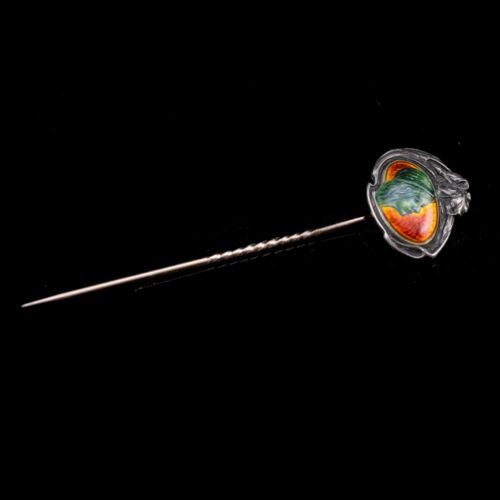 Szecessziós női profillal díszsített zöld-vörös lüszterzománcozott sáltű