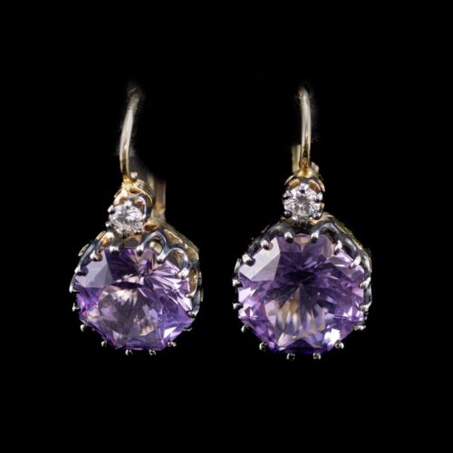 Nagy ametisztköves fülbevaló pár gyémánt kővel 