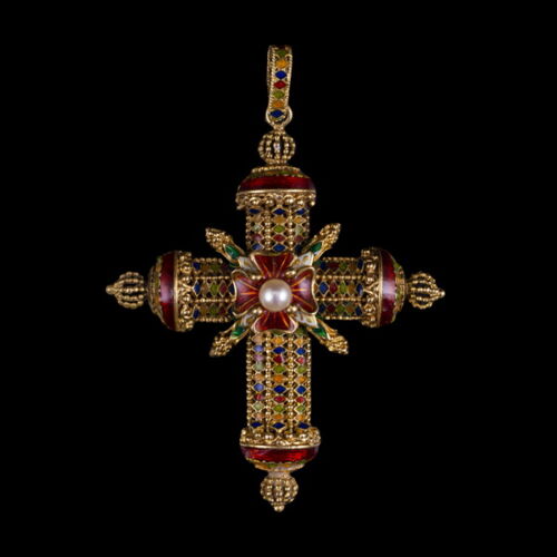 Gold cross pendant with colored enamel decorations