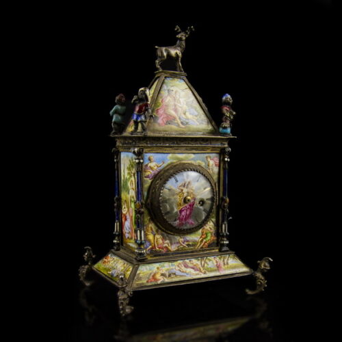 Silver table clock with enamel-painted pictures