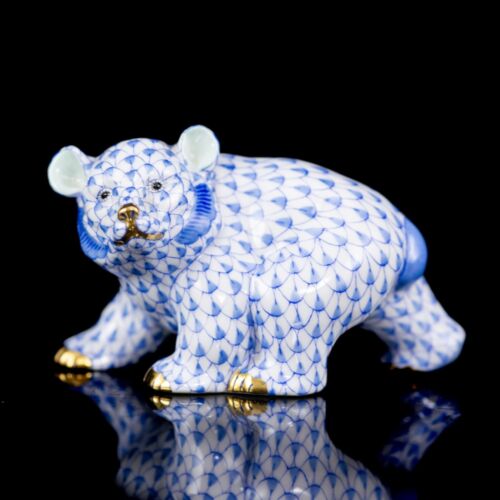 Herend porcelain bear figurine with blue fishnet pattern