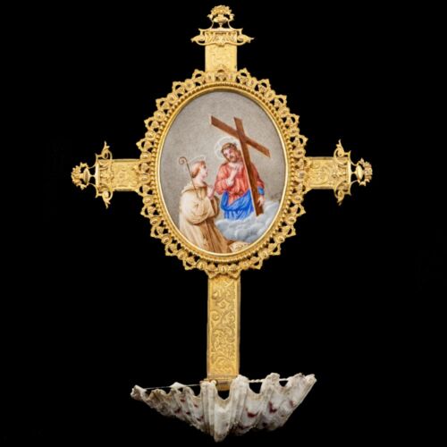 Holy water container with scallop shell