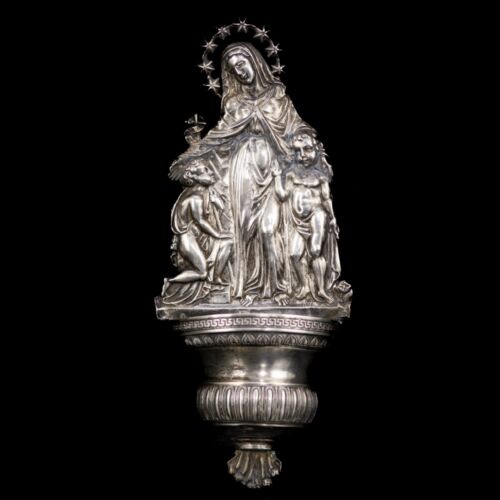Olasz antik ezüst szenteltvíztartó Szűzanya, Jézus és Keresztelő Szt. János alakjaival