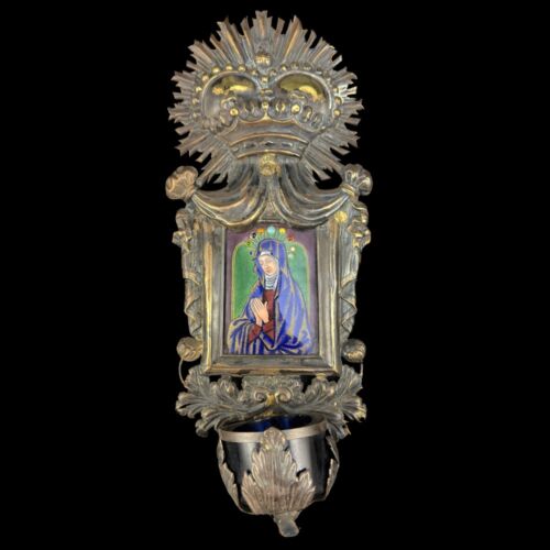 Gilded silver holy water container with enamel image of the Virgin Mary