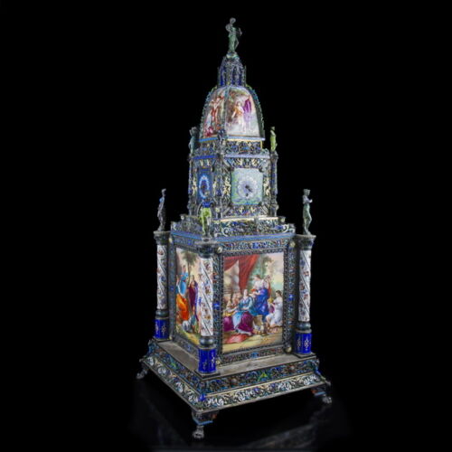 Bécsi ezüst toronyóra festett zománcképekkel