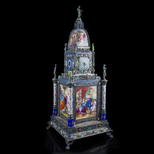 Viennese silver tower clock with painted enamel decoratiive pictures