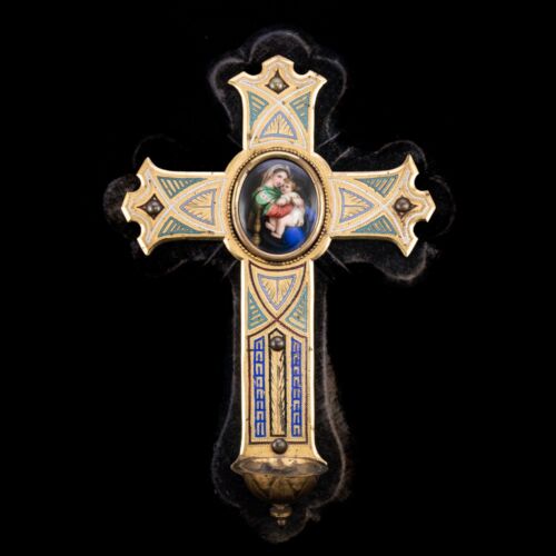 Szenteltvíztartó zománc díszítéssel és Madonna képpel