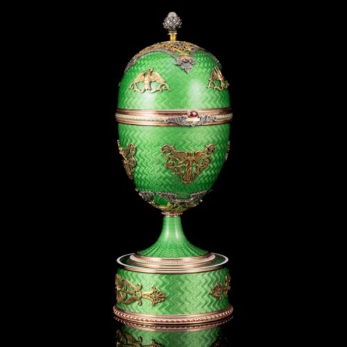 Fabergé-style decorative egg with green luster enamel