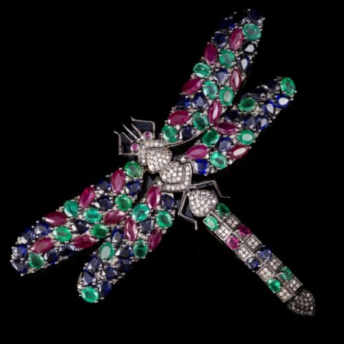 Szitakötő bross/ medál szines drágakövekkel