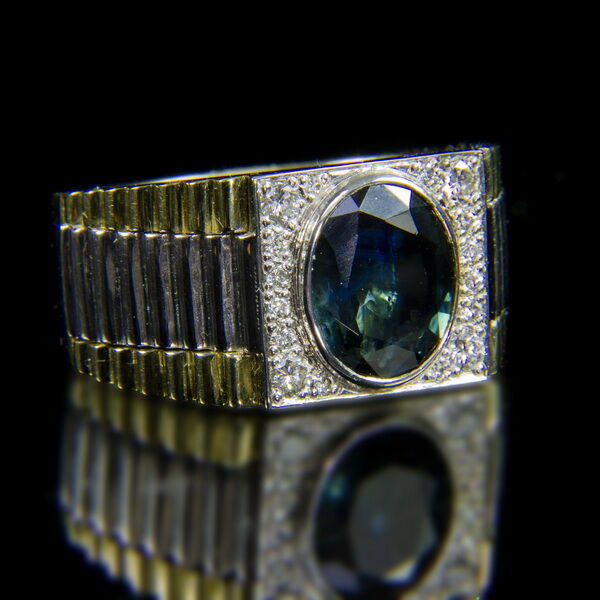 Rolex típusú férfi arany gyűrű zafír és gyémánt kövekkel